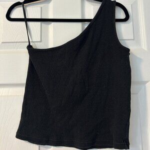 Black Ribbed One-Shoulder Top